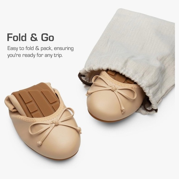 NEW Women's Foldable Ballet Flats Bowknot Round Toe - Tan Size 8.5 - Picture 8 of 12